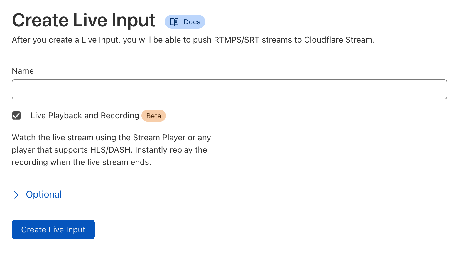 Screenshot of creating a live input via the Stream Dashboard